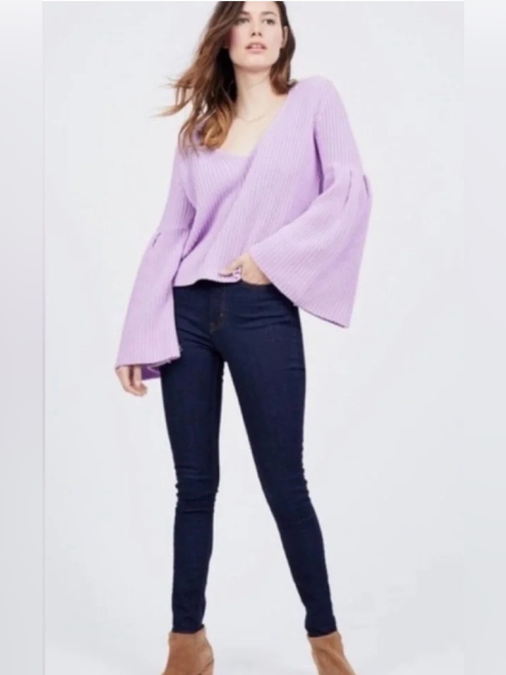 Free People Lavender Bell Sleeve Chunky Knit Sweater Size S